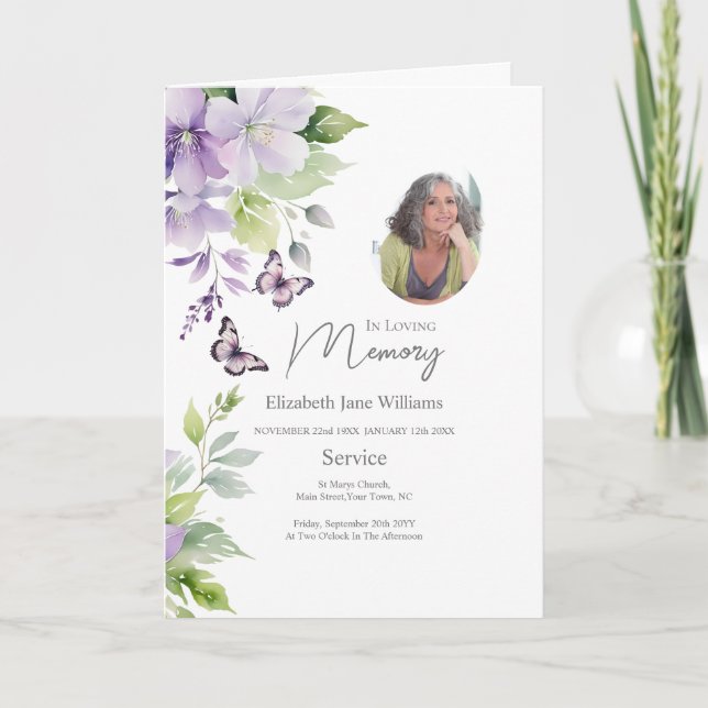 Purple Floral Funeral Order of Service 4 Photo  Card (Front)