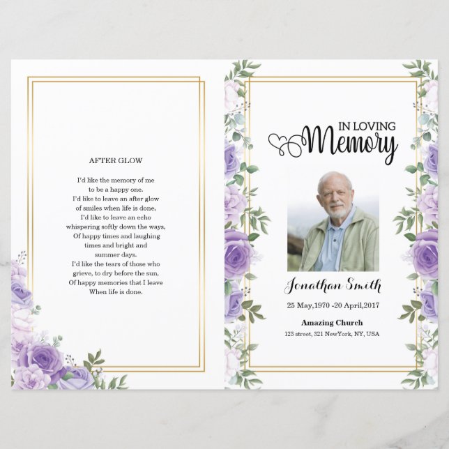 Purple floral Funeral Program template (Front)