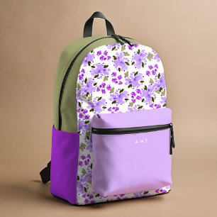 Purple Floral Garden Personalised Name Initial Printed Backpack