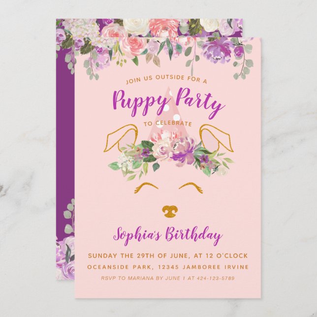 Purple Floral Garden Puppy Party Birthday Gold Invitation (Front/Back)