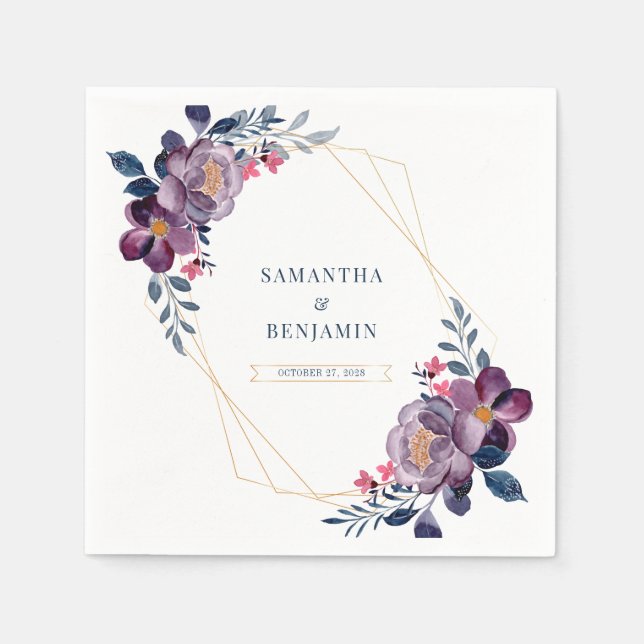 Purple Floral Geometric Botanical Wedding Paper Napkin (Front)