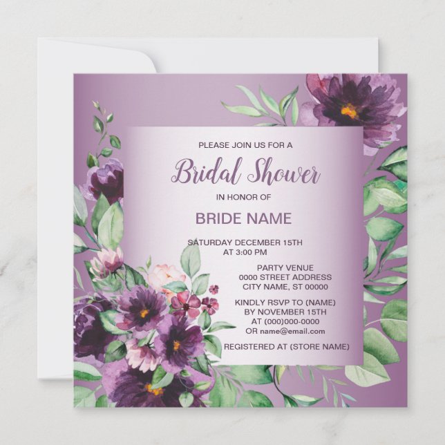 Purple Floral Geometric Greenery Bridal Shower Invitation (Front)