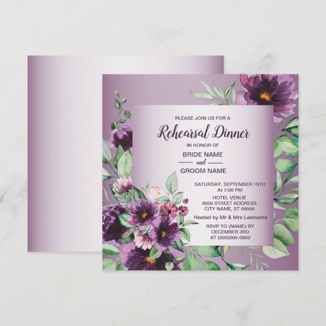 Purple Floral Geometric Greenery Rehearsal Dinner  Invitation (Front/Back)