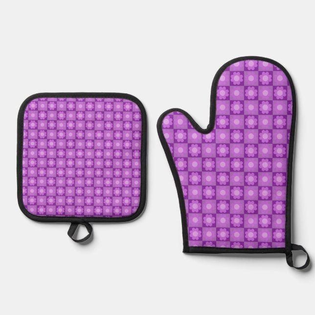 Purple Floral Geometric Pattern Oven Mitt & Pot Holder Set (Front)