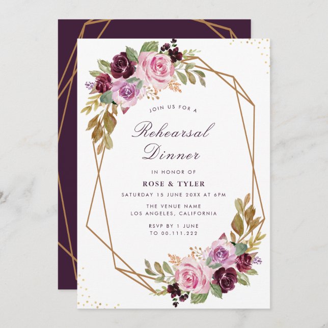 purple floral geometric rehearsal dinner invitation (Front/Back)