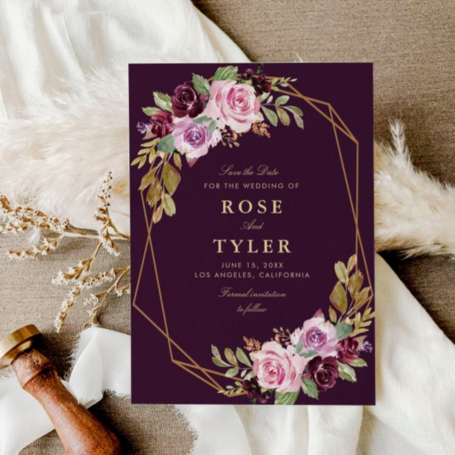purple floral geometric save the date card (Creator Uploaded)