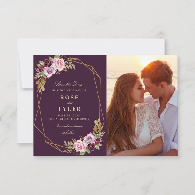 purple floral geometric save the date photo card (Front)