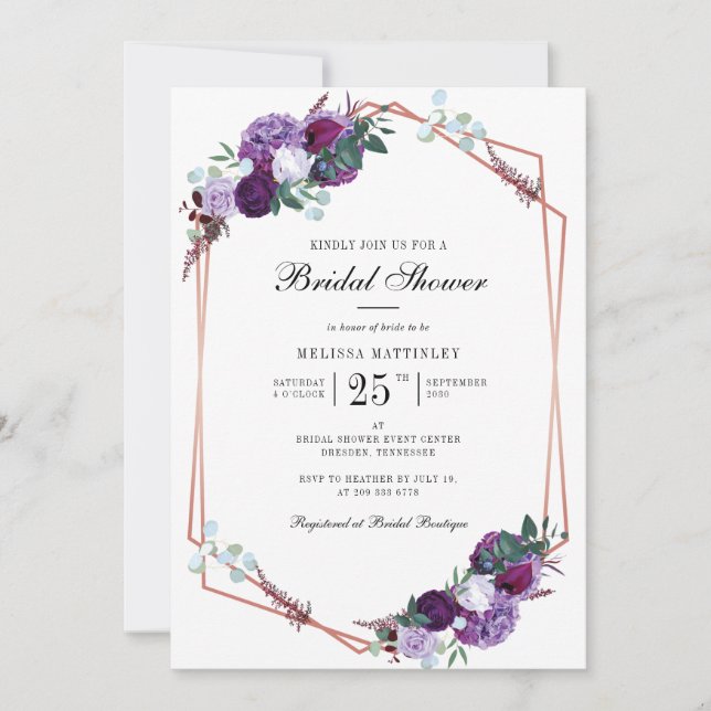 Purple Floral Geometric Script Bridal Shower Invitation (Front)