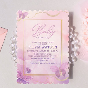 Purple Floral Girl Baby in bloom Baby Shower Invitation