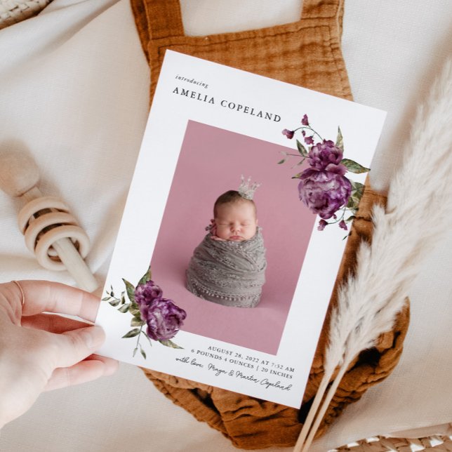 Purple Floral Girl Baby Photo Birth Announcement (Creator Uploaded)
