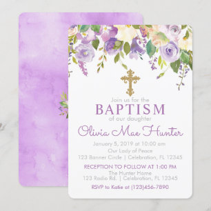 Purple Floral Girl Baptism Invitation