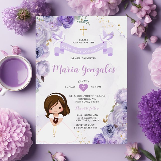 Purple Floral Girl First Holy Communion Gold Cross Invitation (Creator Uploaded)