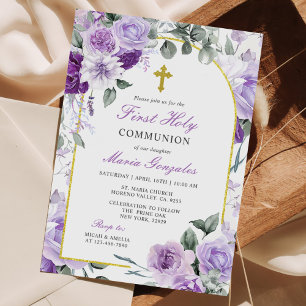 Purple Floral Girl First Holy Communion Invitation
