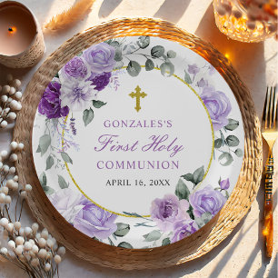 Purple Floral Girl First Holy Communion Paper Plate