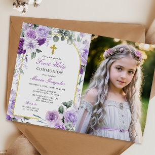 Purple Floral Girl First Holy Communion Photo Invitation