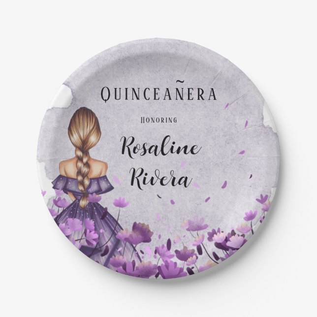 Purple Floral Girl Quinceanera Birthday Paper Plate (Front)
