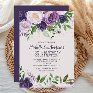Purple Floral Glitter 100th Birthday Invitation