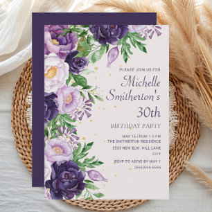 Purple Floral Glitter 30th Birthday Invitation
