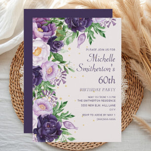 Purple Floral Glitter 60th Birthday Invitation