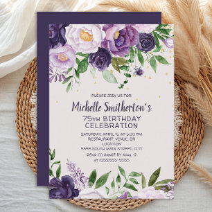 Purple Floral Glitter 75th Birthday Invitation