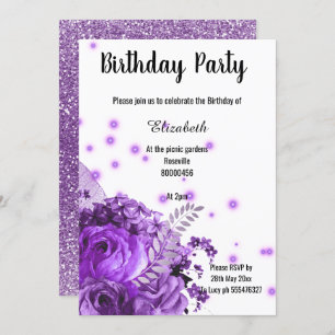 PURPLE FLORAL GLITTER BIRTHDAY INVITATION