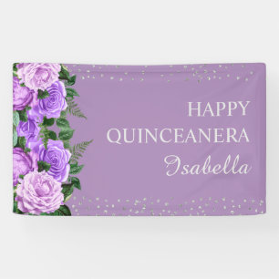 Purple Floral Glitter Happy Quinceañera Name  Banner