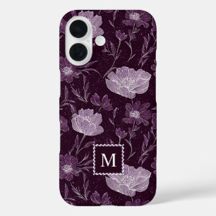 Purple Floral Glitter Pattern Monogram iPhone 16 Case