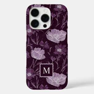 Purple Floral Glitter Pattern Monogram iPhone 16 Pro Case