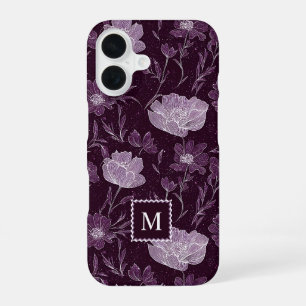 Purple Floral Glitter Pattern Monogram iPhone 16 Case
