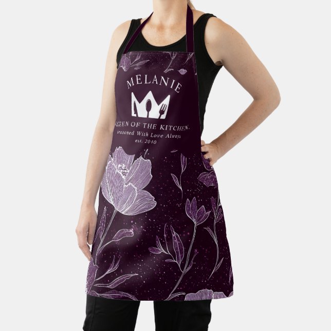 Purple Floral Glitter Pattern Queen of the Kitchen Apron (Insitu)