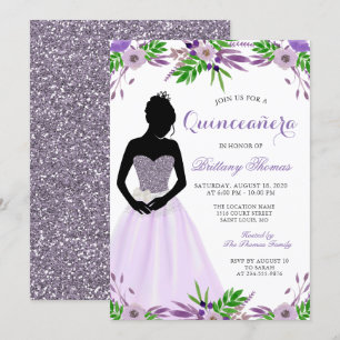 Purple Floral Glitter Quinceanera 15th Birthday Invitation