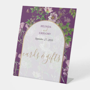 Purple Floral Gold Arch Wedding Cards & Gifts Pedestal Sign