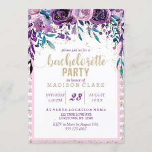 Purple Floral & Gold Bachelorette Party Invitation