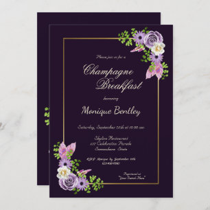 Purple Floral Gold Border Champagne Breakfast Invitation