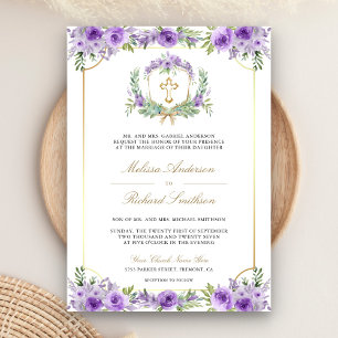 Purple Floral Gold Catholic Cross QR Code Wedding Invitation