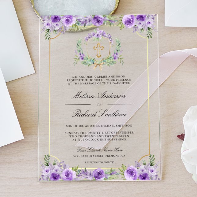 Purple Floral Gold Catholic Cross Wedding Acrylic Invitations (Creator Uploaded)