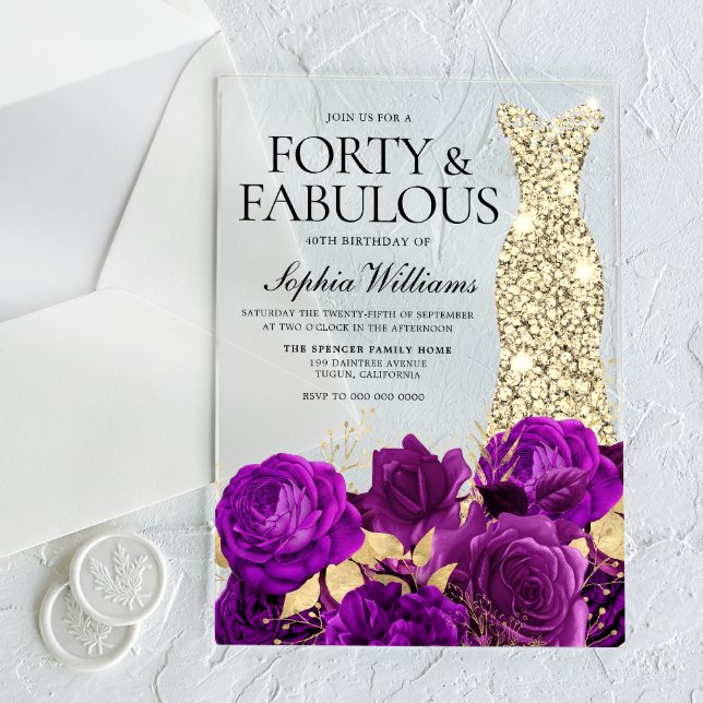 Purple Floral & Gold Dress 40th Birthday Party Acrylic Invitations (Creator Uploaded)