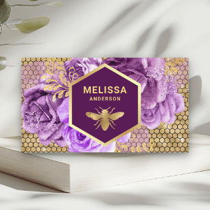 Purple Floral Gold Foil Honeycomb Honey Bee Business Card