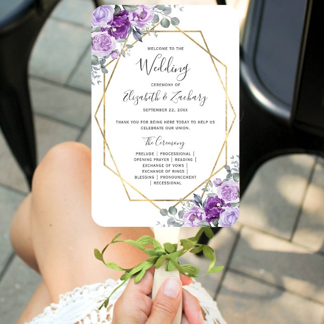 Purple Floral Gold Frame Wedding Program Hand Fan (Creator Uploaded)