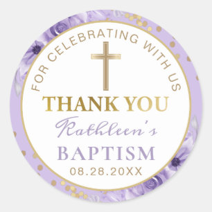 Purple Floral Gold Glitter Baptism Thank You Classic Round Sticker