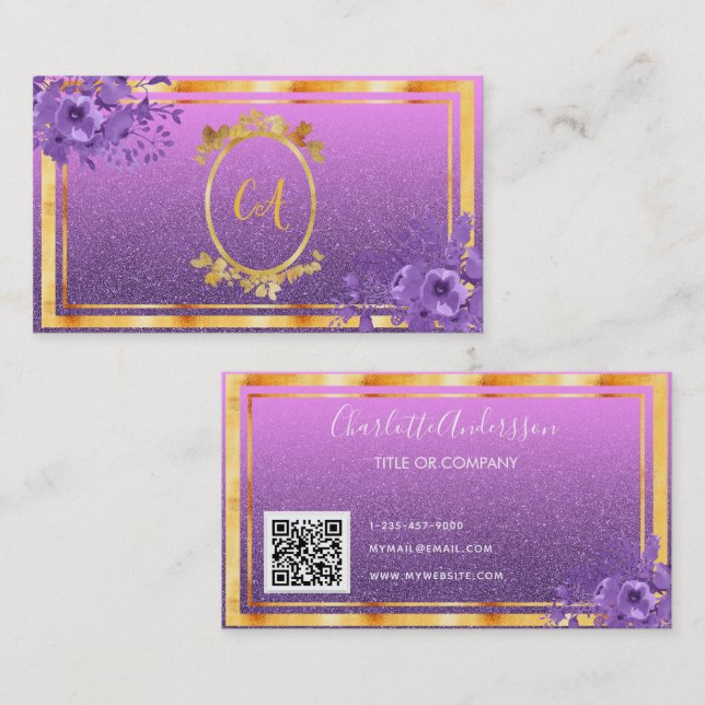 Purple floral gold glitter monogram QR code Business Card (Front/Back)