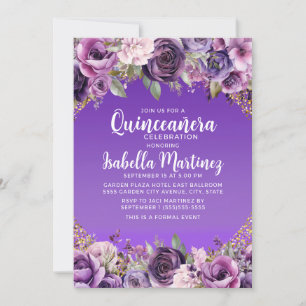 Purple Floral Gold Glitter Quinceañera  Invitation