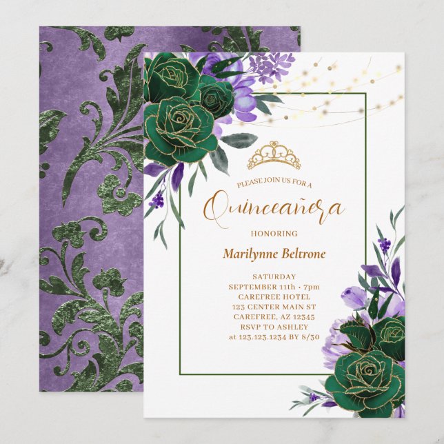 Purple Floral Gold Quinceañera Invitation (Front/Back)