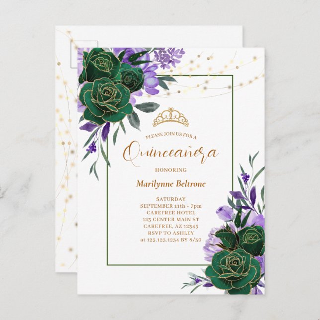 Purple Floral Gold Quinceañera Invitation Postcard (Front/Back)