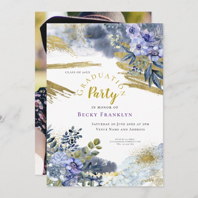 Purple Floral/Gold Splashes/Photo/Graduation Invitation (Front/Back)