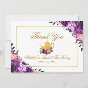 Purple Floral Gold Thank You Bridal Tea Party P Card