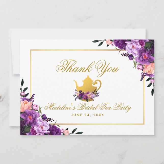 Purple Floral Gold Thank You Bridal Tea Party P Card (Front)