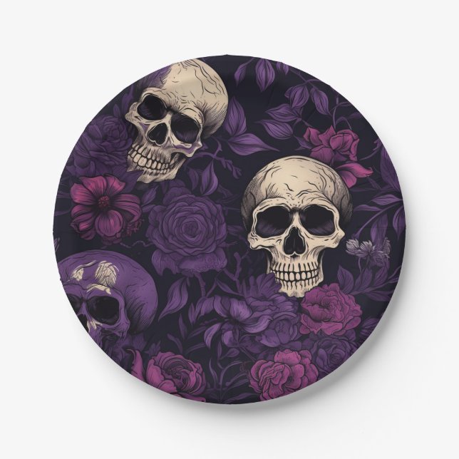 Purple Floral Goth Skull Halloween Paper Plate (Front)
