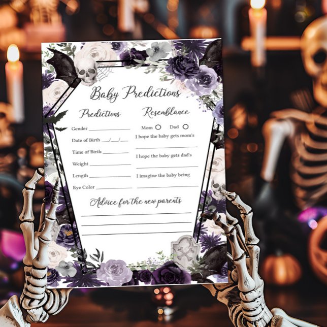 Purple Floral Gothic Baby Predictions Game (Floral Gothic Coffin Baby Shower Baby Predictions Game)