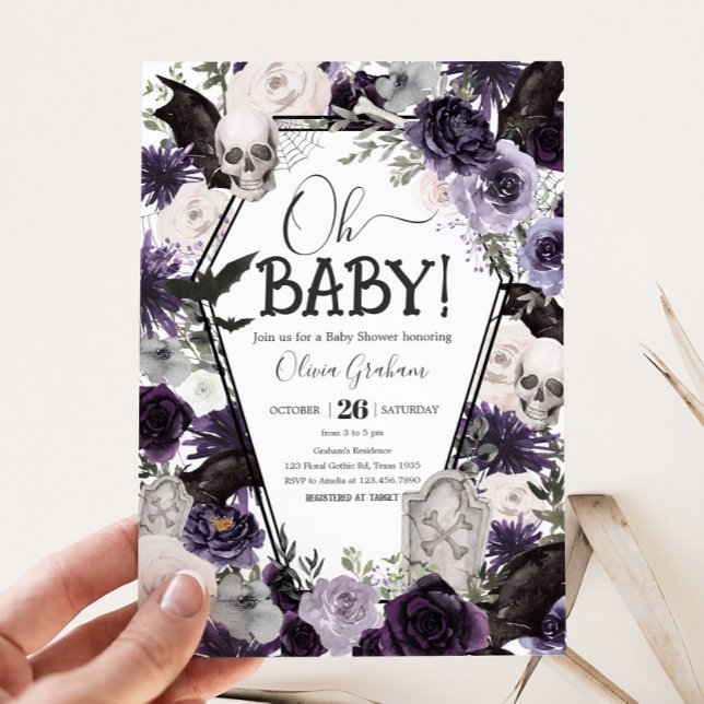 Purple Floral Gothic Baby Shower Invitation (Floral Gothic Coffin Baby Shower Invitation)